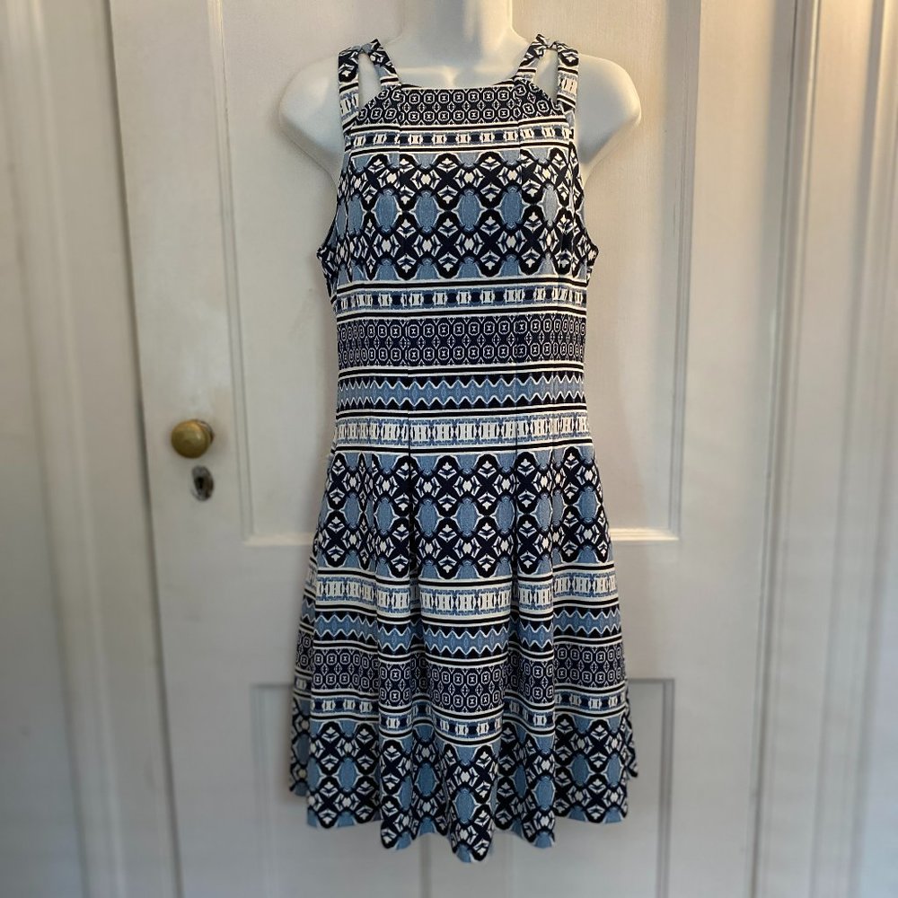 Vince Camuto Blue and White Patterned Fit and Flare Dress, Size 6
